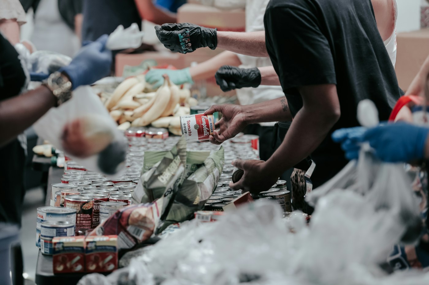 Volunteers sorting canned and packaged food donations on a long table